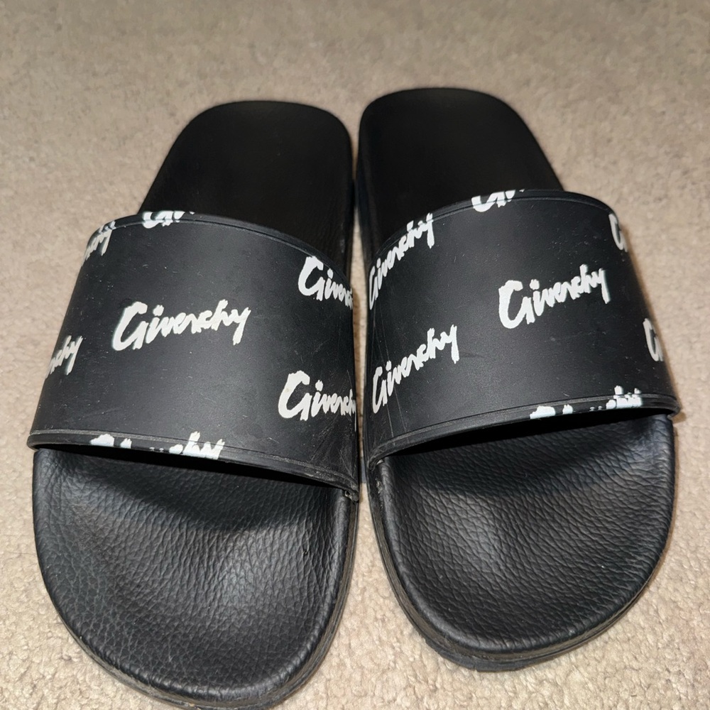 Givenchy Black Slides All Over Logo - Size 10 - Used
